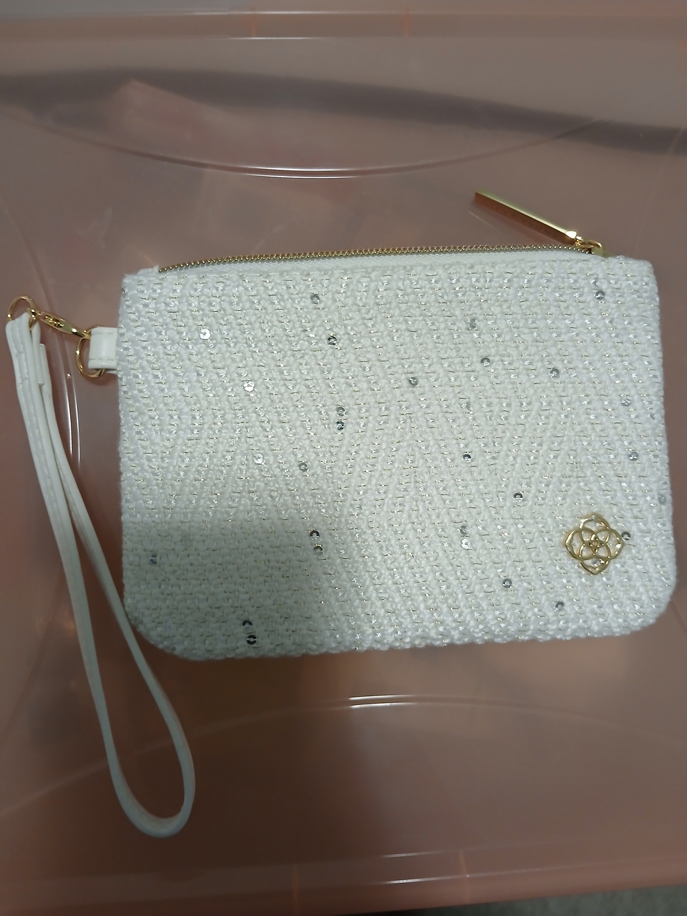Kendra Scott White Sequin Wristlet Clutch with Gold Accent